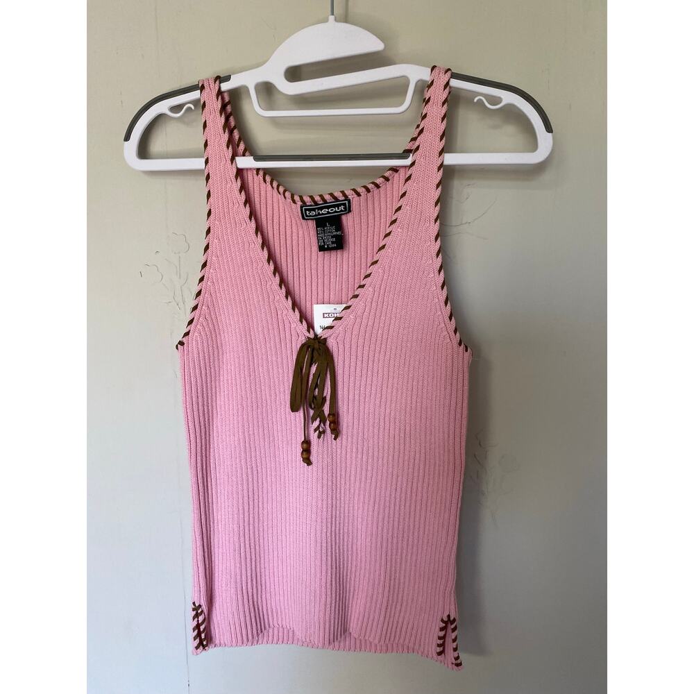 Vintage Y2K NWT Takeout Pink Rib Knit Faux Leather Trim Bow Cotton Blend Large